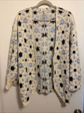 POL DAISY crochet cardigan Sweater in Cream with Blue & Black Accents BRAND NEW